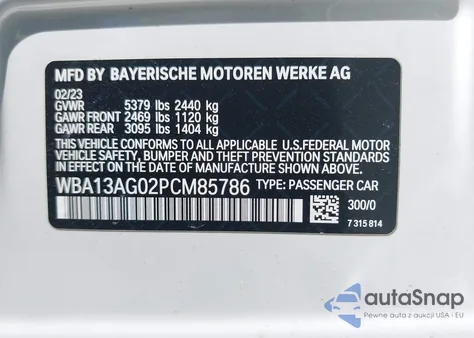 2023 BMW 530E из США, поврежденный, VIN WBA13AG02PCM85786